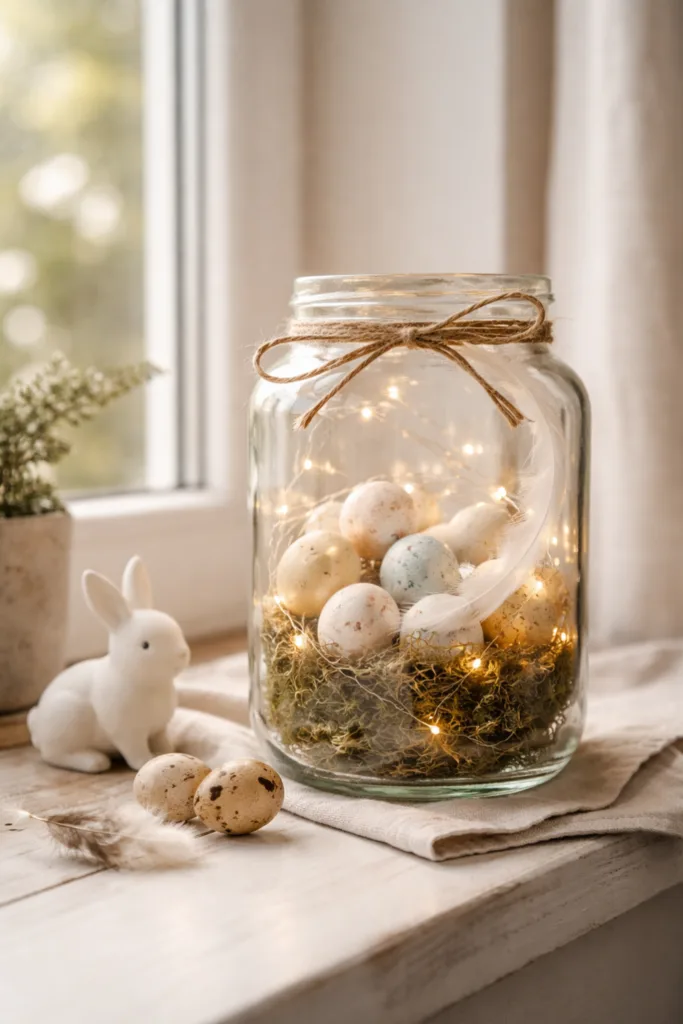 Osterdeko auf Fensterbank mit Glas, Moos, Ostereiern und Lichterkette im Tageslicht