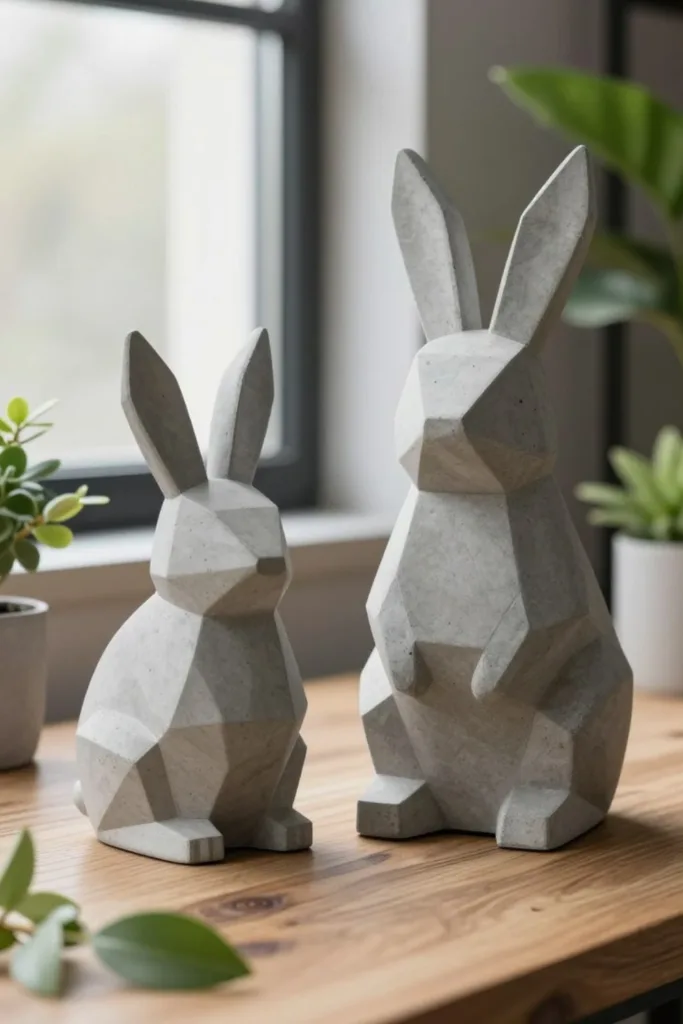 Skulpturale Hasenfiguren aus Beton als moderne Osterdeko Idee für die Wohnung