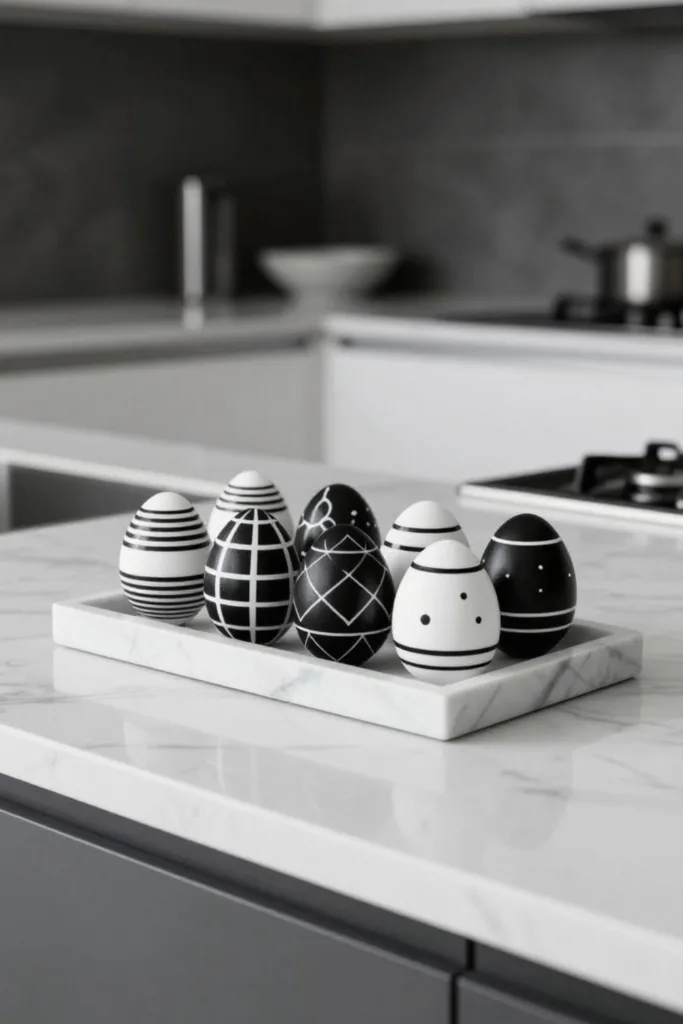 Schwarz weiße Ostereier mit Muster als moderne Osterdeko Idee für eine moderne Wohnung