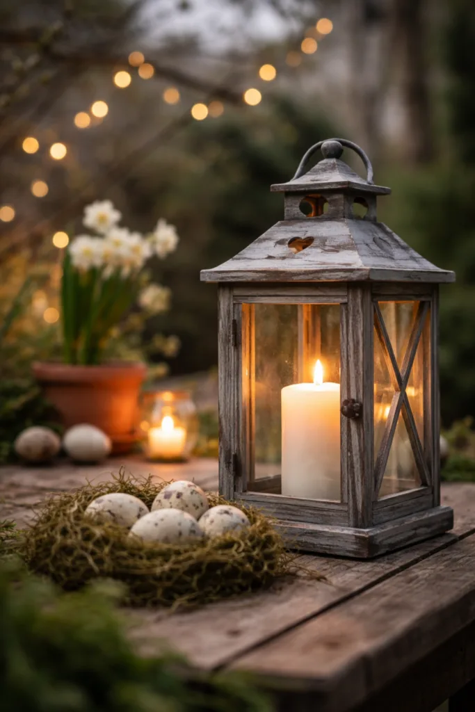5 wunderschöne Ideen für deine Osterdeko im Garten Osterdeko im Garten mit Laterne, Kerze und warmem Licht in der Dämmerung