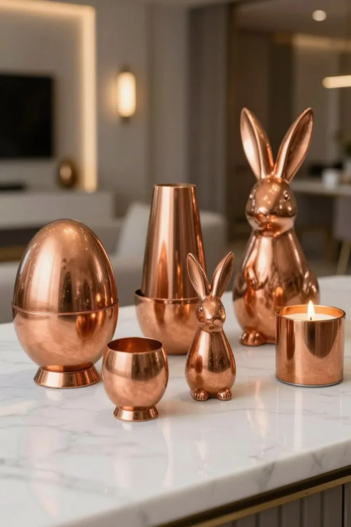Kupferfarbene Osterdeko mit Hasenfigur und Eiern für eine moderne Wohnung