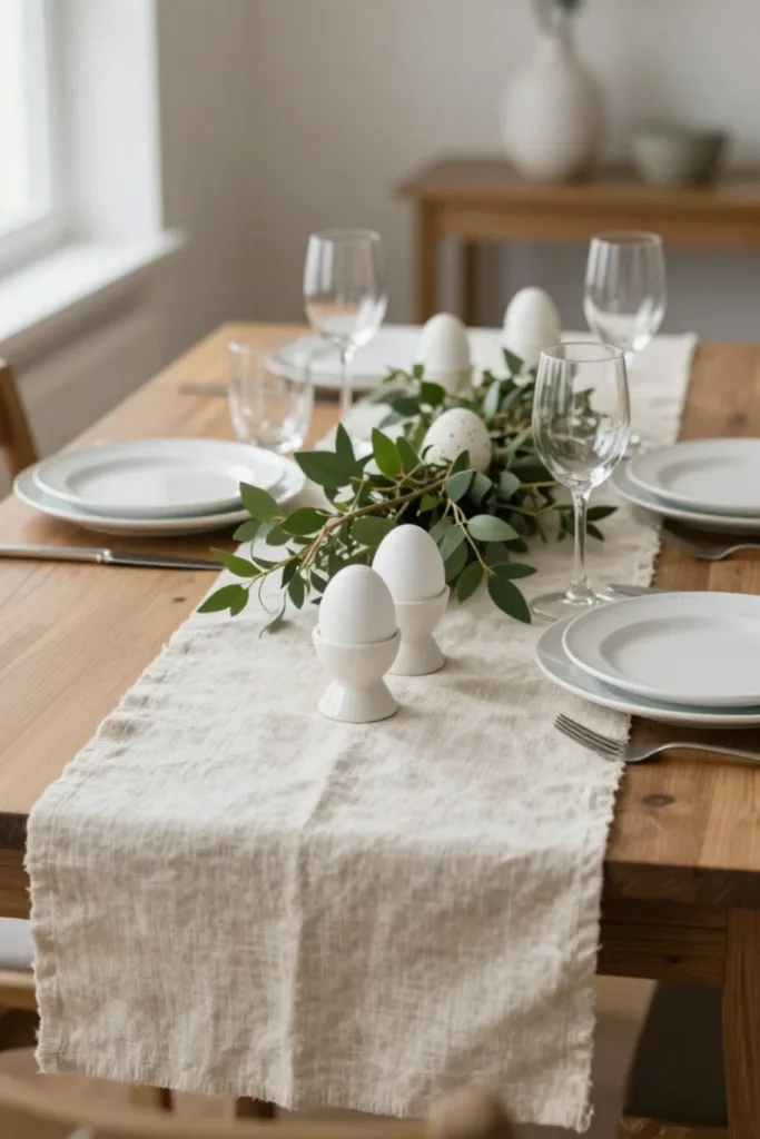 Natürliche Tischdeko mit Eiern und Zweigen als moderne Osterdeko für die Wohnung