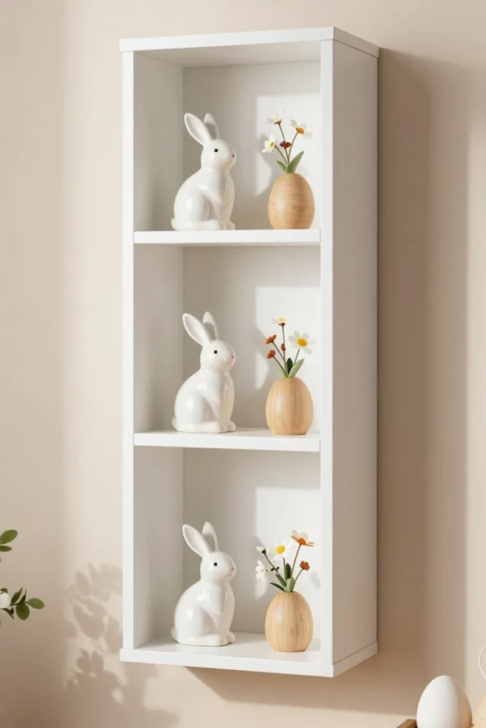 Schlichte Osterdeko im Wandregal mit Hasenfigur und Vase im kleinen Wohnzimmer