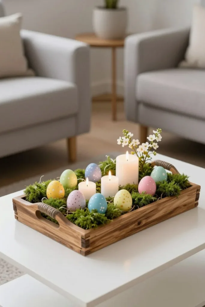 Tablett mit Kerzen, Moos und bunten Ostereiern als Osterdeko im kleinen Wohnzimmer