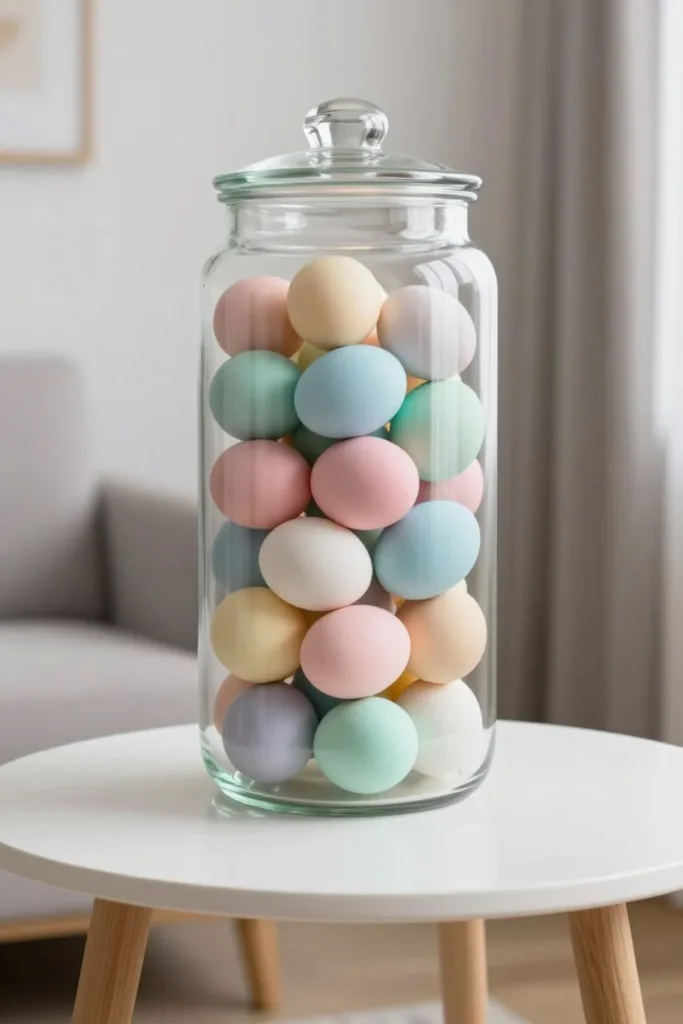 Großes Glas mit pastellfarbenen Ostereiern als platzsparende Osterdeko im kleinen Wohnzimmer