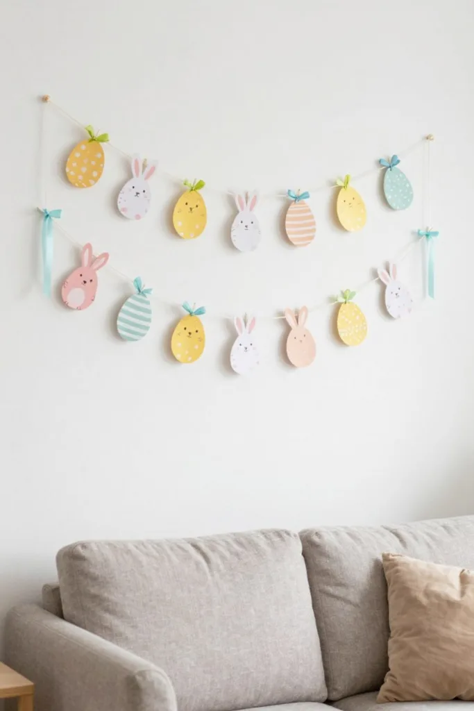 Pastellfarbene Ostergirlande mit Hasen und Eiern als Wanddeko im kleinen Wohnzimmer