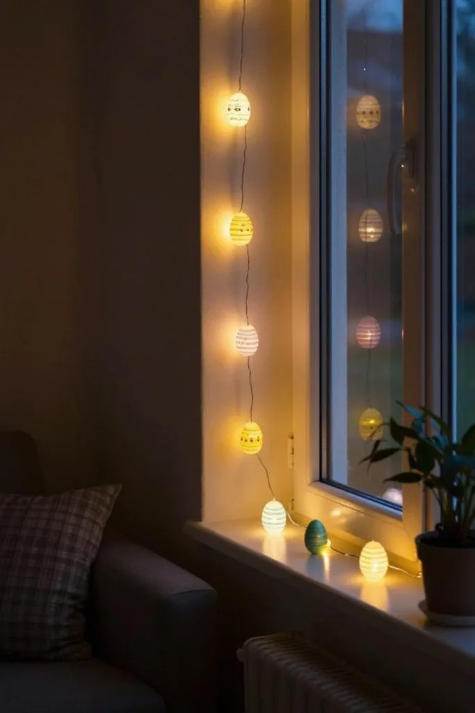 Leuchtende Ostereier Lichterkette als Osterdeko für kleine Wohnzimmer am Fenster