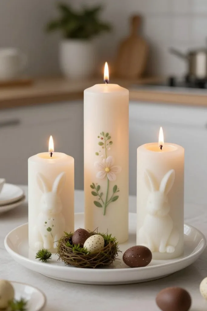 Osterdeko für die Küche mit Kerzen, Osterhasen und dekorativen Eiern auf einem Teller