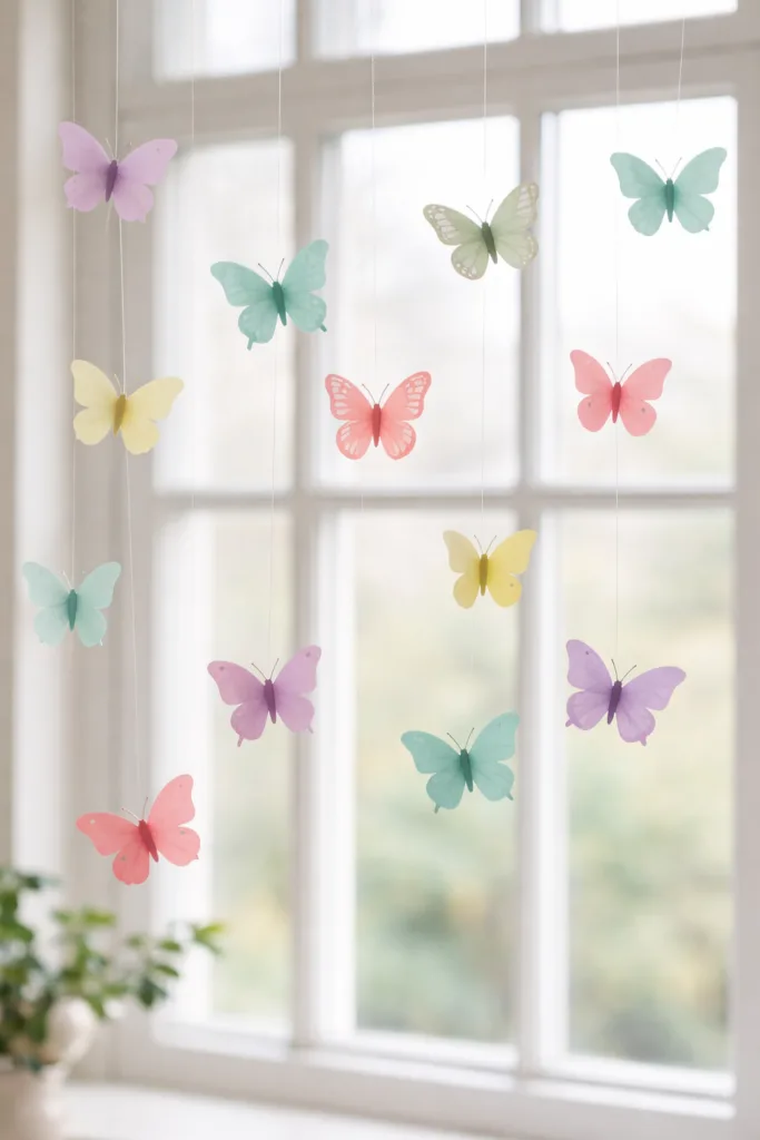 Frühlingsdeko für große Fenster: 5 Ideen, die wirklich wirken Frühlingsdeko große Fenster mit pastellfarbenen Schmetterlingen vor hellem Fenster