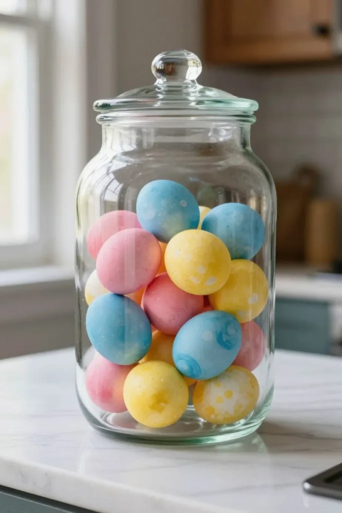 Osterdeko für die Küche mit bunten Ostereiern in einem großen Glasgefäß
