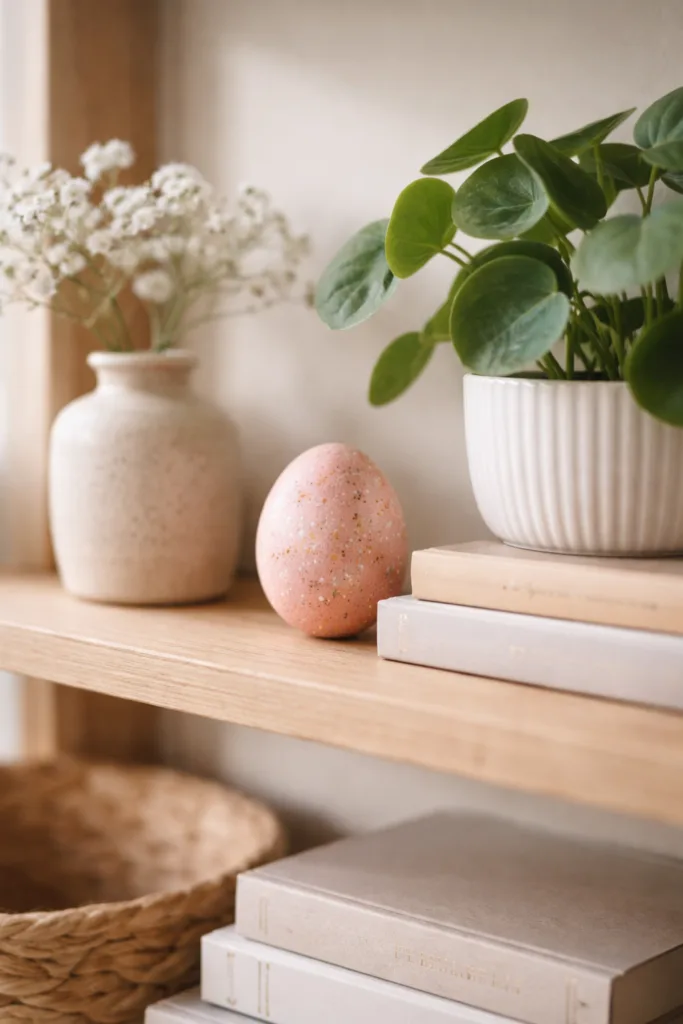 Osterei zwischen Büchern, Pflanze und Vase auf dekoriertem Regal als Ostereierversteck in der Wohnung