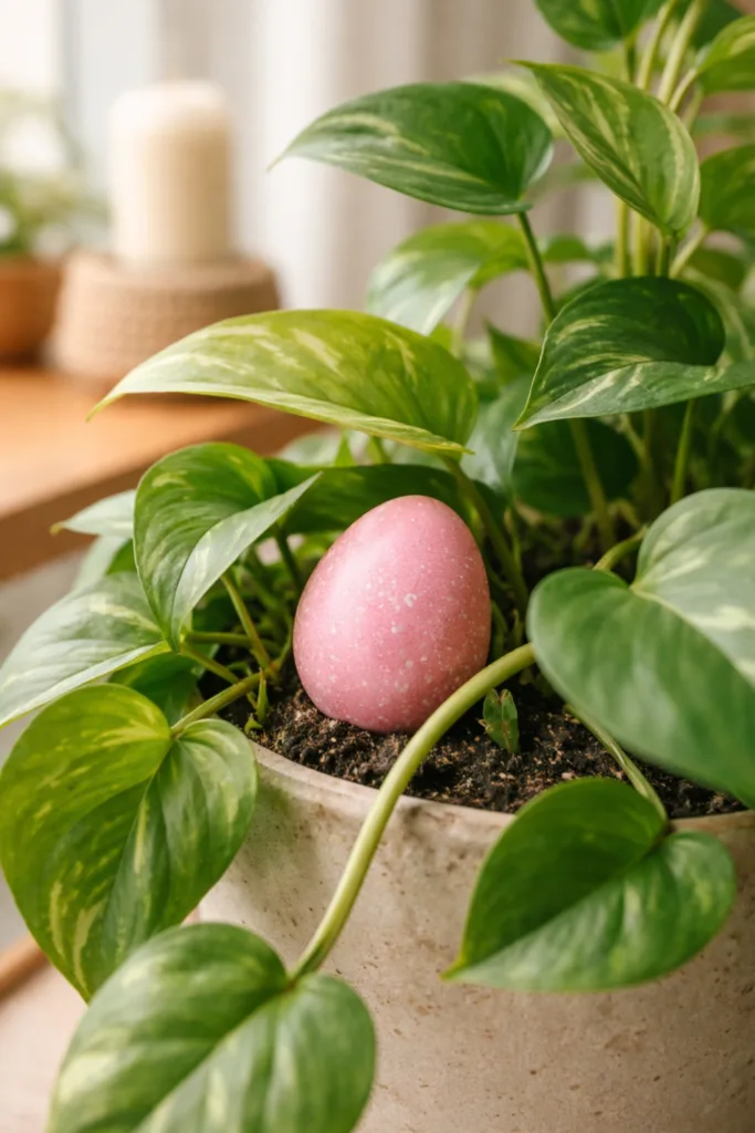 Osterei zwischen Zimmerpflanzen im Blumentopf versteckt als kreative Ostereierversteck Idee in der Wohnung
