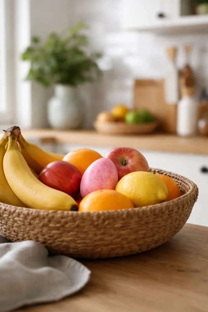 Osterei zwischen Obst in einer Schale in der Küche als kreatives Ostereierversteck in der Wohnung