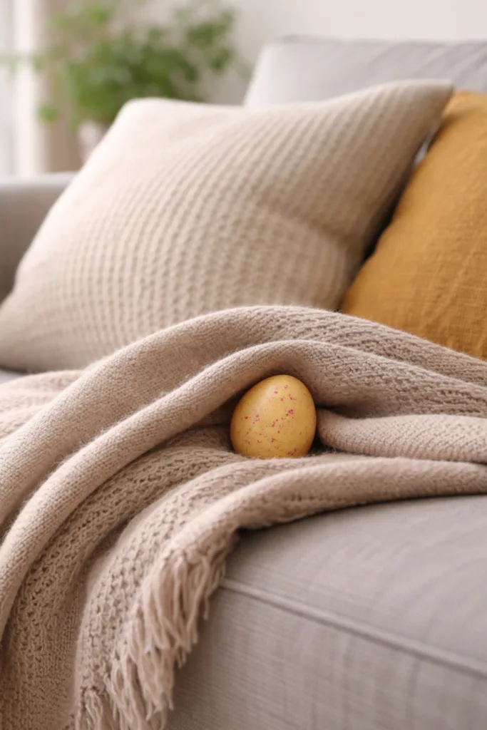 Osterei versteckt zwischen Sofakissen und Decke im Wohnzimmer – kreatives Ostereierversteck in der Wohnung