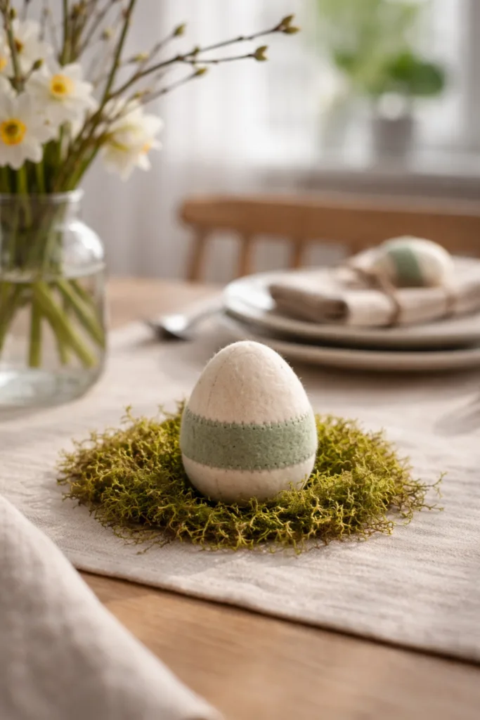 Filz-Ostereier als Tischdekoration auf Leinentisch mit Moos und Frühlingsblumen zu Ostern