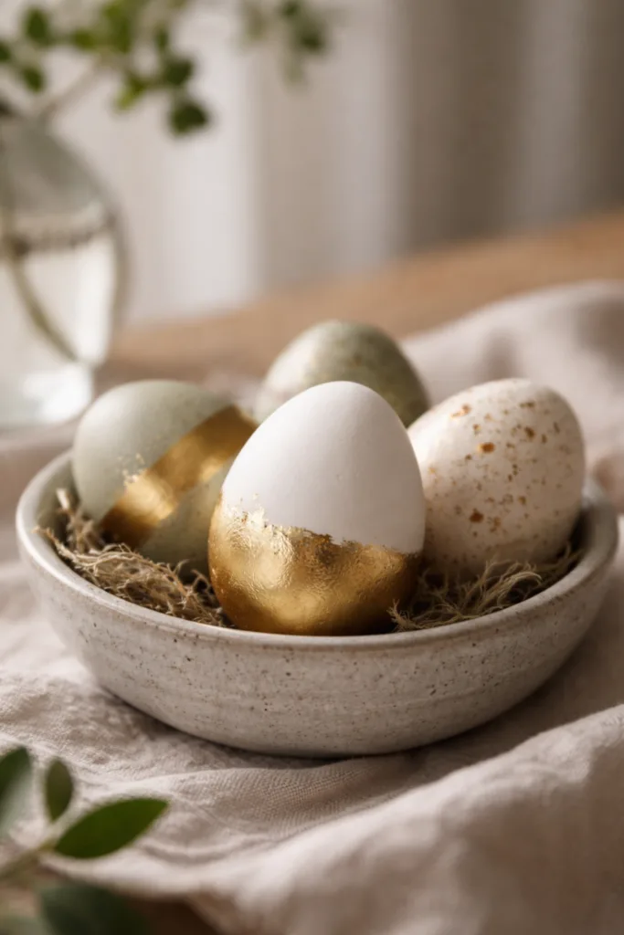 Ostereier mit dezenten Goldakzenten in Keramikschale als stilvolle Osterdekoration auf Holztisch