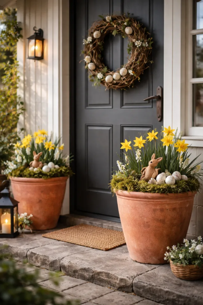 5 wunderschöne Ideen für deine Osterdeko im Garten Osterdeko im Garten am Hauseingang mit Terrakotta-Kübeln, Narzissen und Osterkranz an dunkler Tür
