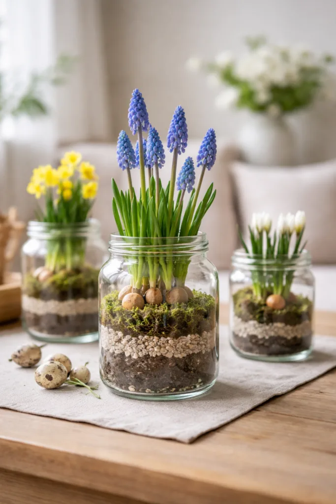 Frühblüher im Glas arrangieren mit Muscari, Erde und Kies als Frühlingsdeko im Einmachglas