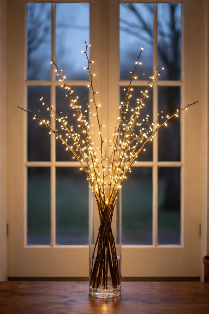 Frühlingsdeko für große Fenster: 5 Ideen, die wirklich wirken Frühlingsdeko großes Fenster mit Zweigen und warmweißer Lichterkette