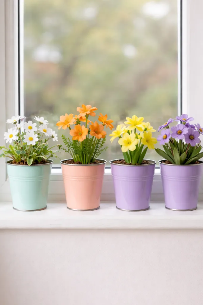 Frühlingsdeko für große Fenster: 5 Ideen, die wirklich wirken Frühlingsdeko große Fenster mit pastellfarbenen Blumentöpfen und Frühlingsblumen auf Fensterbank