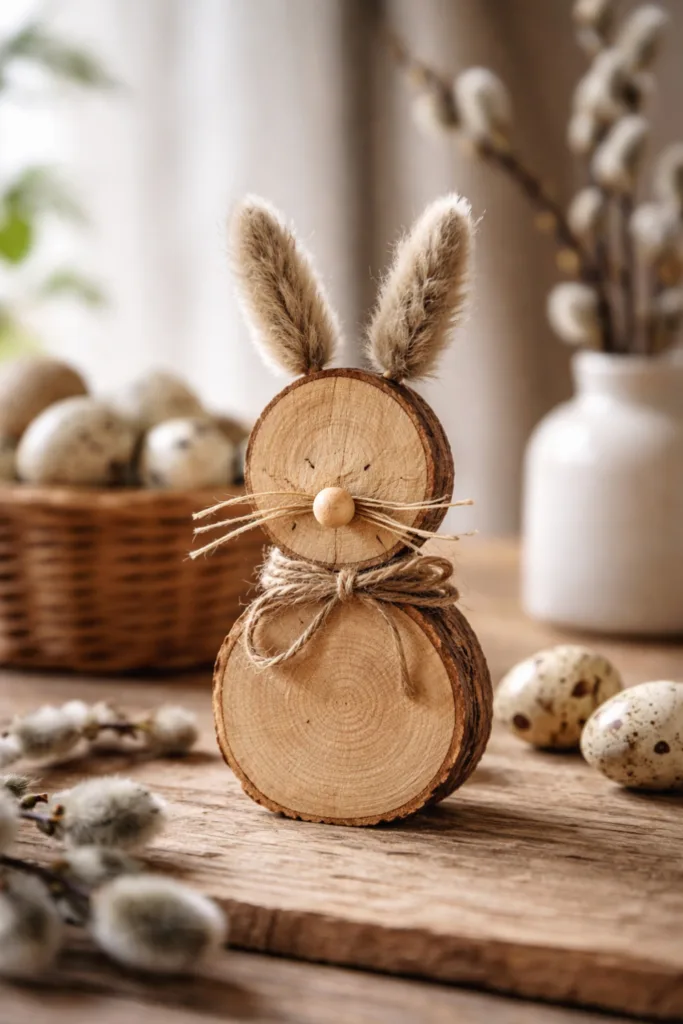 Osterfiguren aus Naturmaterialien DIY Hase aus Holzscheiben mit natürlichen Details und weicher Tiefenschärfe
