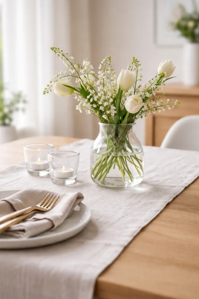 Esstisch Deko im April mit hellem Leinenläufer und weißen Frühlingsblumen in Glasvase