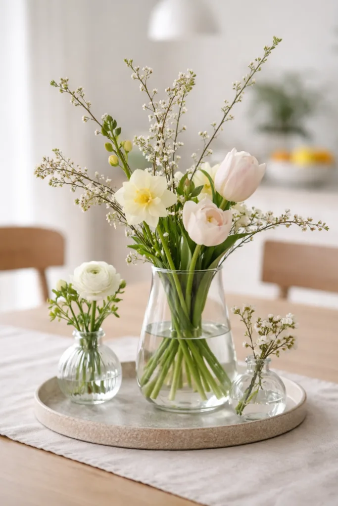 Esstisch Deko im April mit Blumen, Vase und frischer Frühlingsdeko auf Holztisch