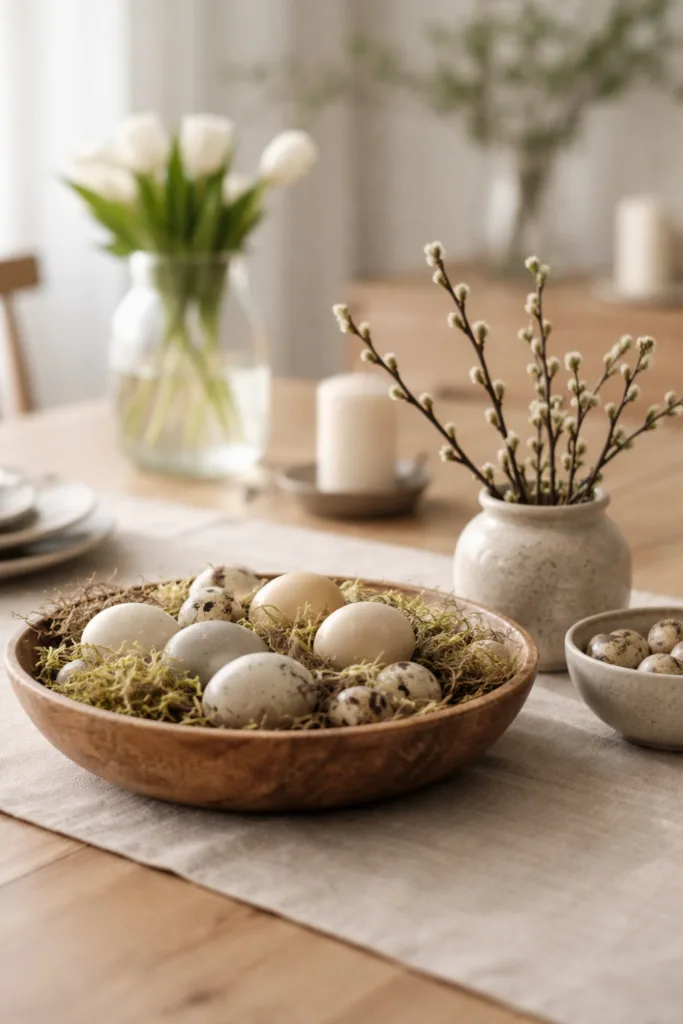 Esstisch Deko im April mit Holzschale, Eiern und Zweigen in natürlichem Frühlingsstil