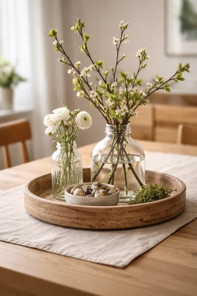 Esstisch Deko im April mit Holztablett, Glasvasen und Frühlingszweigen in natürlichem Stil