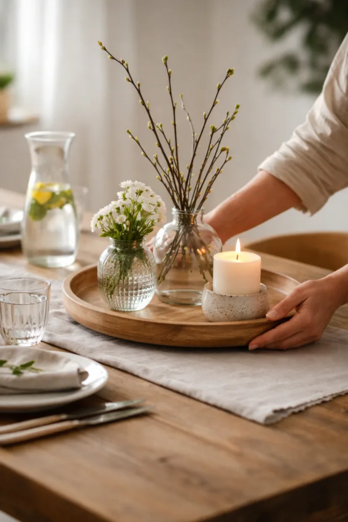 Esstisch Deko April mit Tablett, Blumen und funktionaler Anordnung für den Alltag