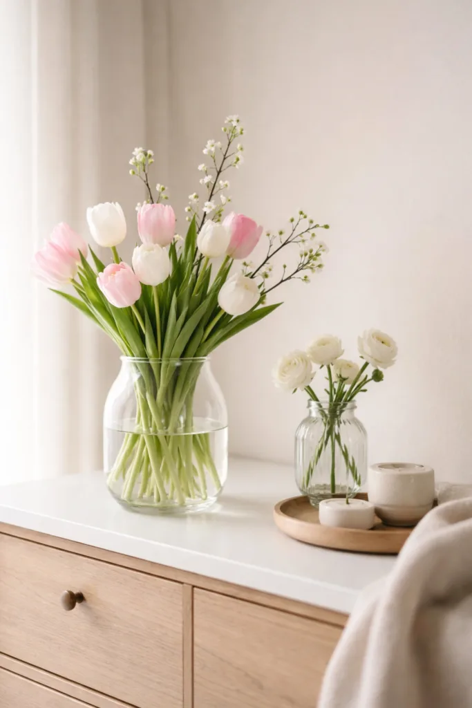 Kommode Deko im April mit frischen Blumen in Glasvase, stilvoll und minimalistisch dekoriert