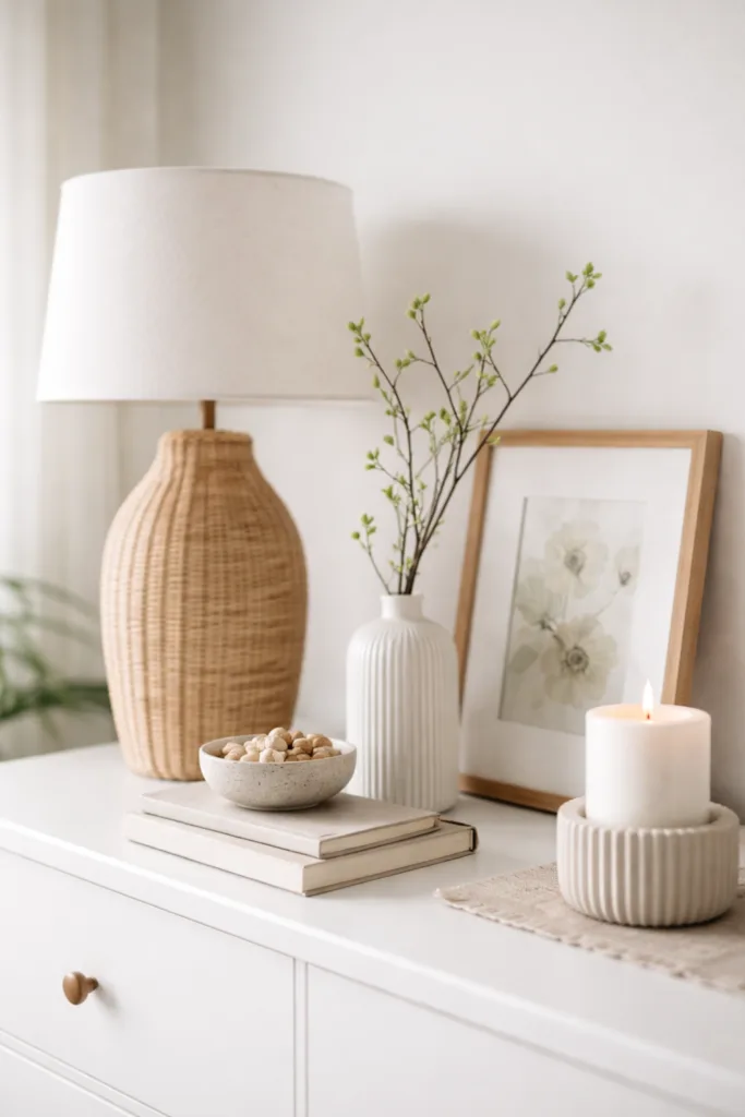 Kommode Deko im April mit unterschiedlichen Höhen, Vase, Lampe und natürlicher Frühlingsdeko