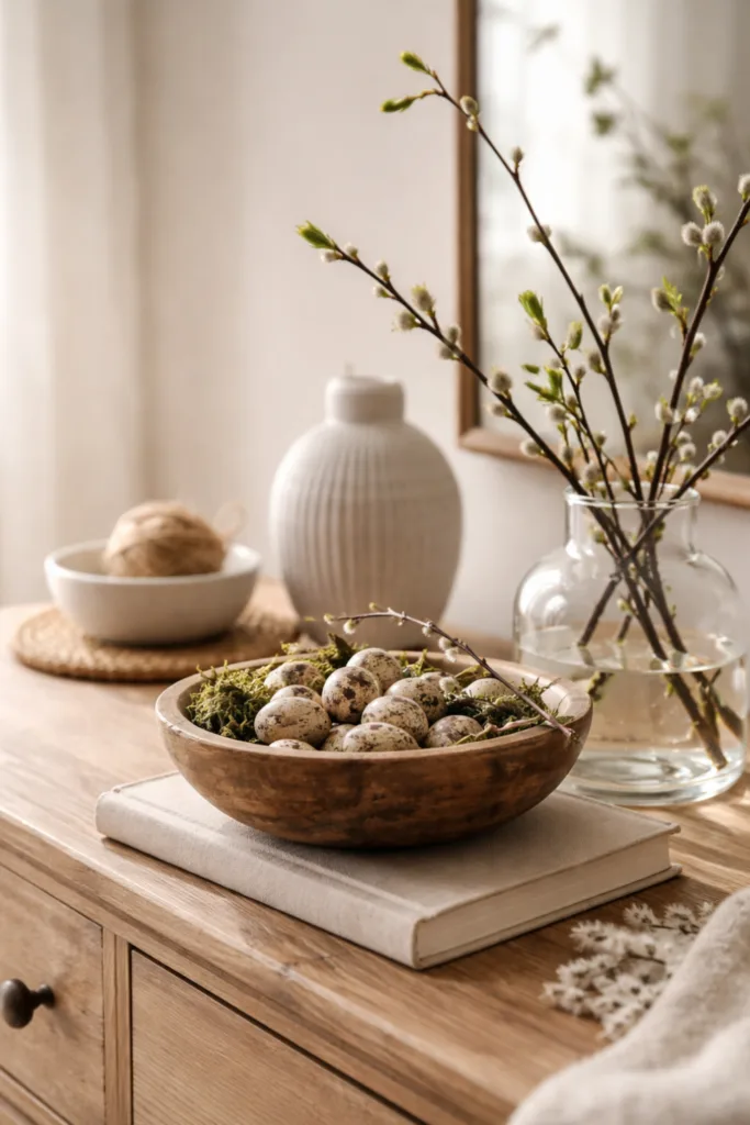 Kommode Deko im April mit natürlichen Materialien, Holzschale, Zweige und Frühlingsdeko in sanften Farben