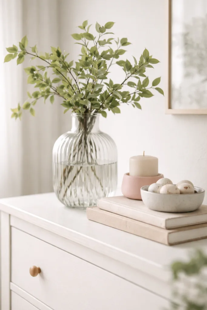 Kommode Deko im April mit Farbkonzept in Grün, Rosa und natürlichen Materialien