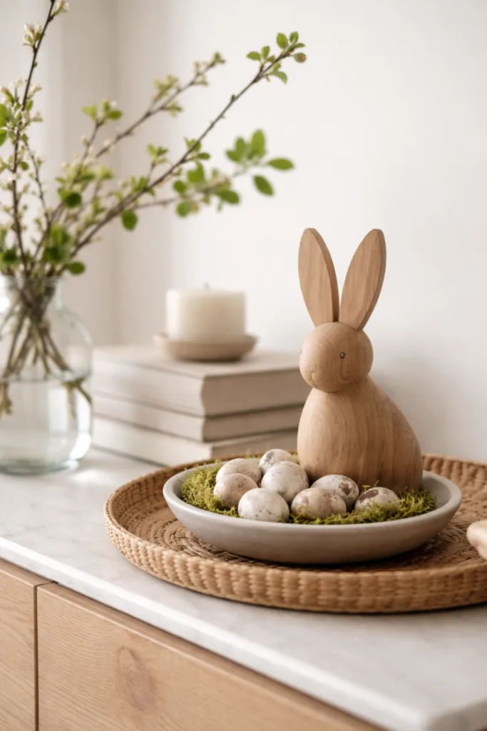 Kommode Deko im April mit Holzhase, Eiern und Frühlingszweigen, minimalistisch und natürlich gestaltet