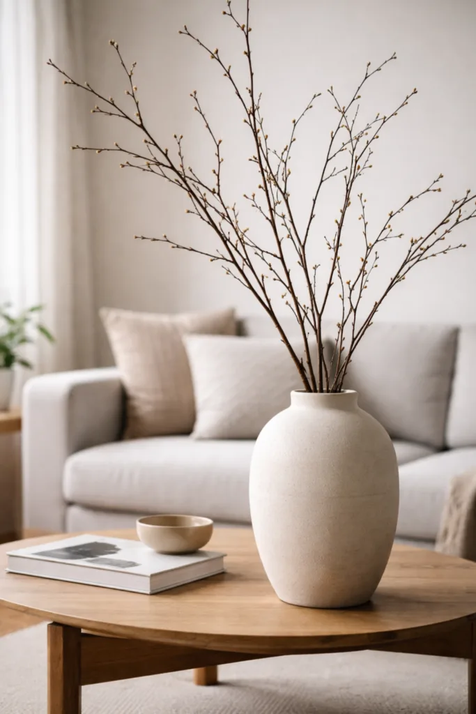 Zweige Deko leicht gemacht: 5 einfache Ideen für ein schönes Zuhause Zweige Deko Wohnzimmer minimalistisch Vase Holz Tisch natürliche Einrichtung ruhiger Stil