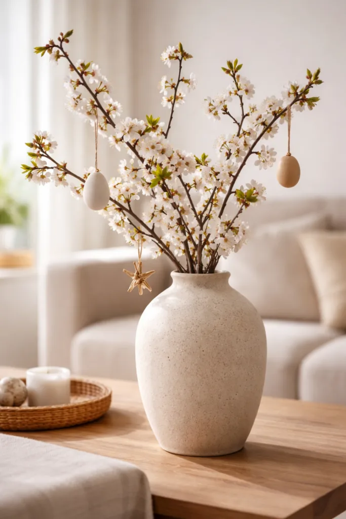 Zweige Deko leicht gemacht: 5 einfache Ideen für ein schönes Zuhause Saisonale Zweige Deko mit Kirschzweigen und minimalistischen Anhängern auf Holztisch in ruhigem Wohnzimmer