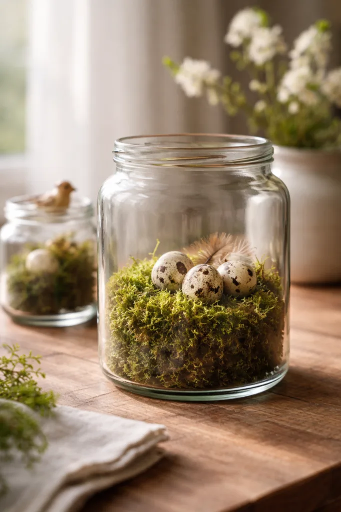 Gläser dekorieren Frühling mit Moos, Wachteleiern und Naturmaterialien im Einmachglas dekoriert