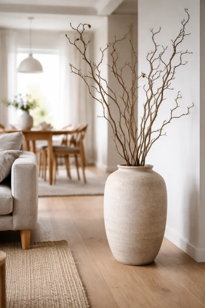 Zweige Deko leicht gemacht: 5 einfache Ideen für ein schönes Zuhause Große Bodenvase mit Zweigen im Wohnzimmer als Raumstruktur und stilvolle Deko mit natürlichem Licht