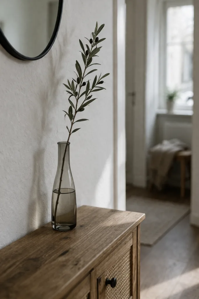 Zweige Deko leicht gemacht: 5 einfache Ideen für ein schönes Zuhause Zweige Deko kleiner Raum mit Glasvase auf schmaler Konsole, minimalistisch und ruhig gestaltet