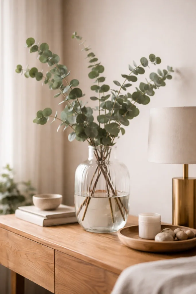 Zweige Deko leicht gemacht: 5 einfache Ideen für ein schönes Zuhause Zweige Deko in Glasvase kombiniert mit Holz und Metall im Wohnzimmer, ruhiges Interior Design