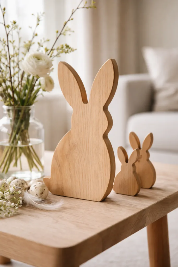 Einfache Holzhasen basteln, moderne Osterdeko aus Holz im natürlichen Wohnraum