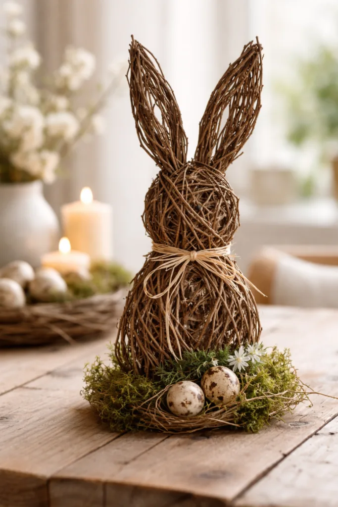 Hasen aus Naturmaterialien aus Zweigen und Moos als natürliche Osterdeko auf Holztisch dekoriert
