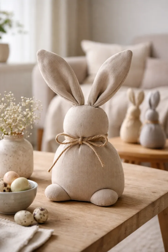 Stoffhasen basteln als Osterdeko, weicher DIY Hase aus Stoff auf Holztisch, natürliche Wohnraum Dekoration