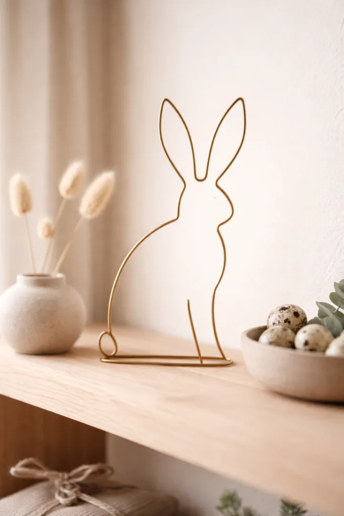 Minimalistische Hasen aus Draht als Osterdeko auf Holzregal mit ruhigem Hintergrund