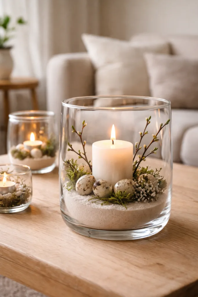 Gläser dekorieren Frühling: Kerze im Glas mit Sand, Zweigen und Wachteleiern als Frühlingsdeko auf Tisch