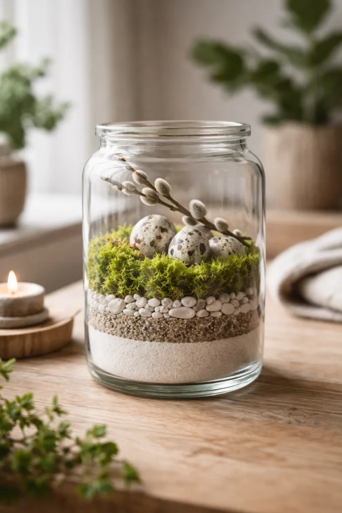 Gläser dekorieren Frühling mit dekorativen Schichten aus Sand, Moos und Wachteleiern im Glasgefäß