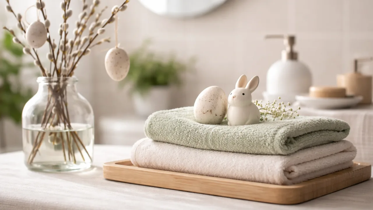 Osterdeko Badezimmer mit Handtüchern, Zweigen und dezenten Osterdetails in natürlicher Atmosphäre