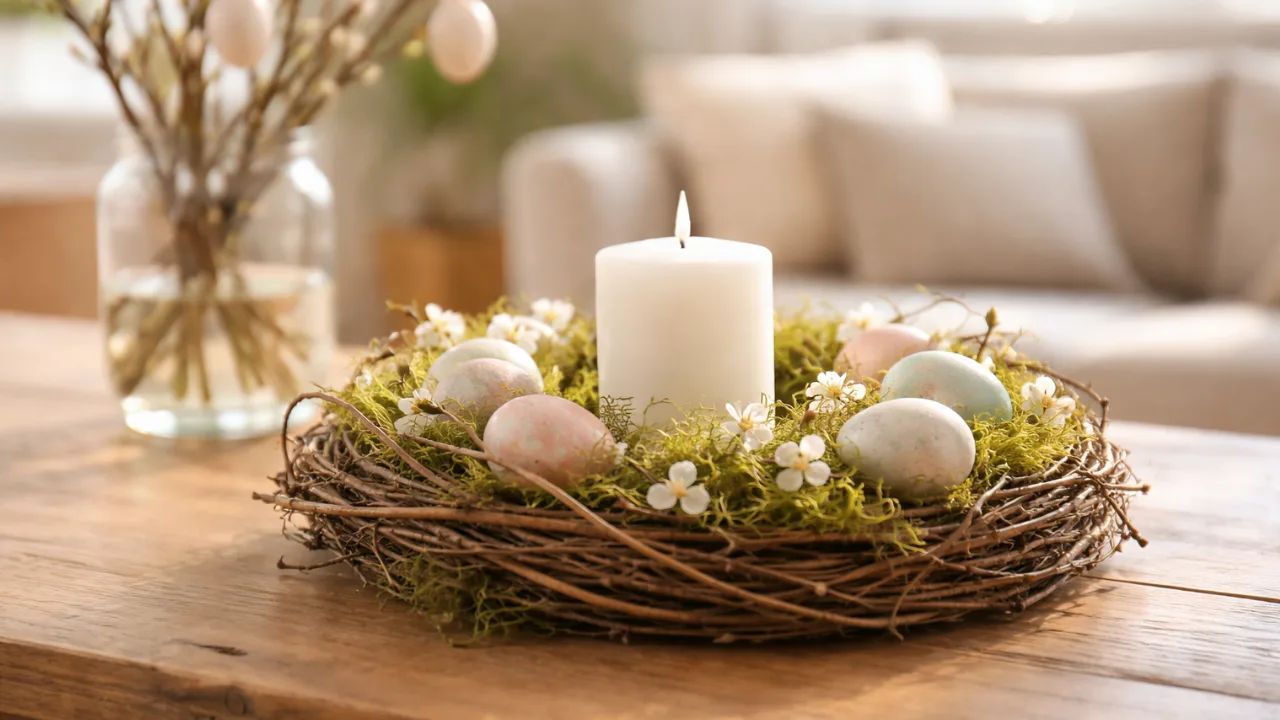 Osterdeko basteln: DIY-Osterkranz mit Eiern, Moos und Kerze als natürliche Tischdekoration für Zuhause