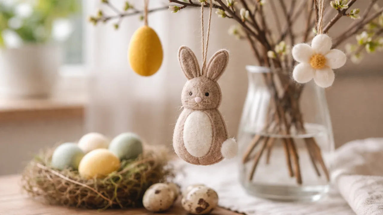 Osterdeko mit Filz: großer Filzhase als Mittelpunkt auf Tisch mit Zweigen und Frühlingsdeko im Hintergrund